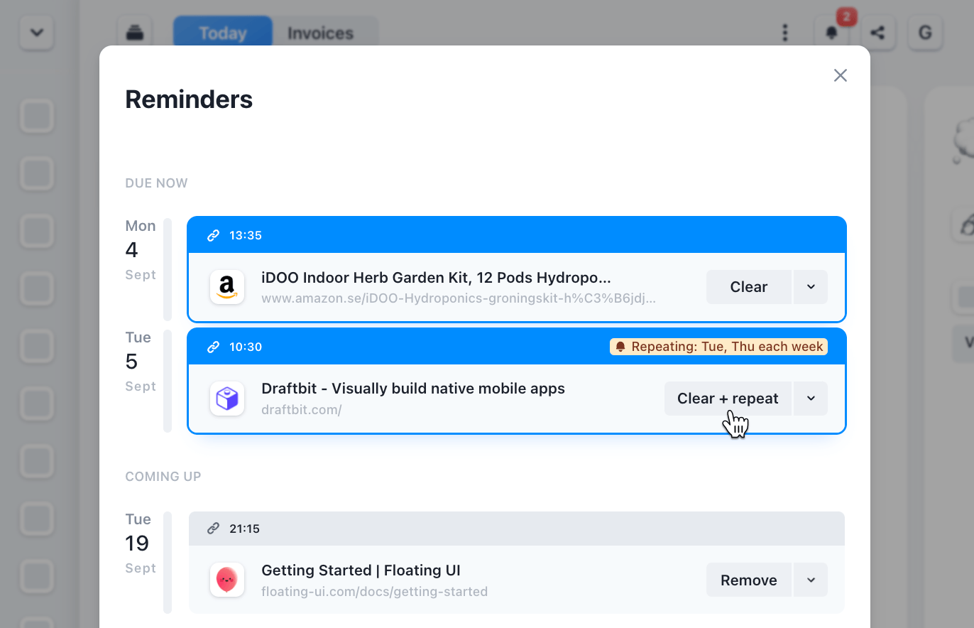Reminders for sites and items
