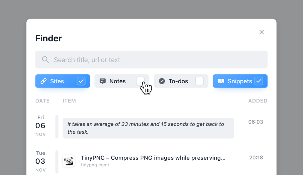 Search tabs modal